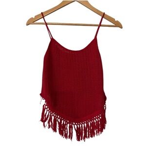 Cotton Emporium Red Fringe Crochet Knit Camisole Crop Fringe Tank Top Small
